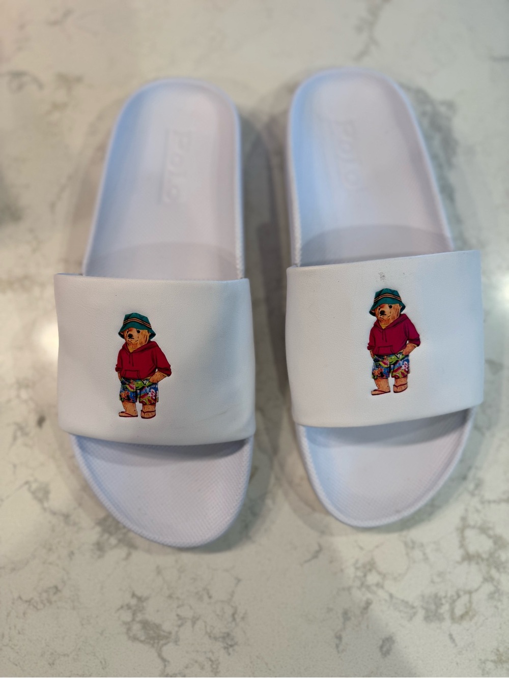 Ralph Lauren White Slide Sandals with Bear Graphic sz10